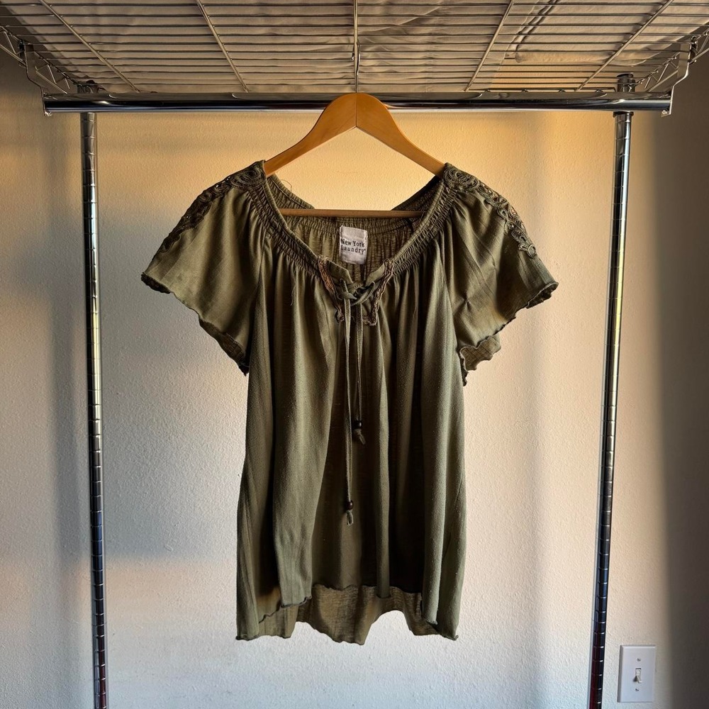 New York Laundry Olive Green Boho Babydoll Crochet Lace Tie Front Top Large